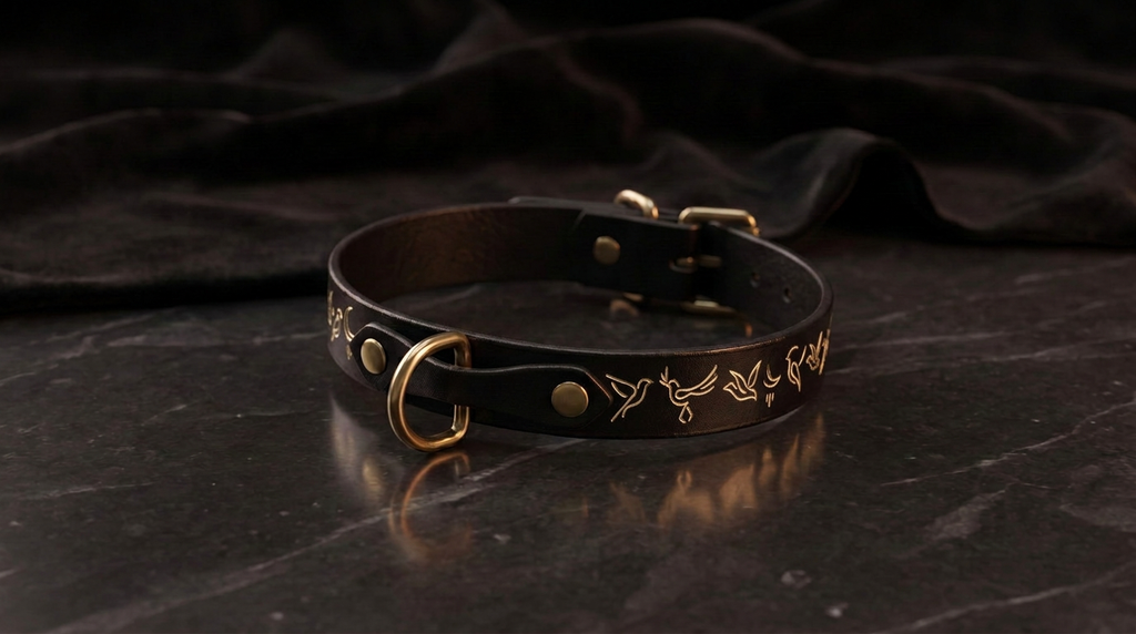 A black leather collar with gold engraved designs on a dark background.