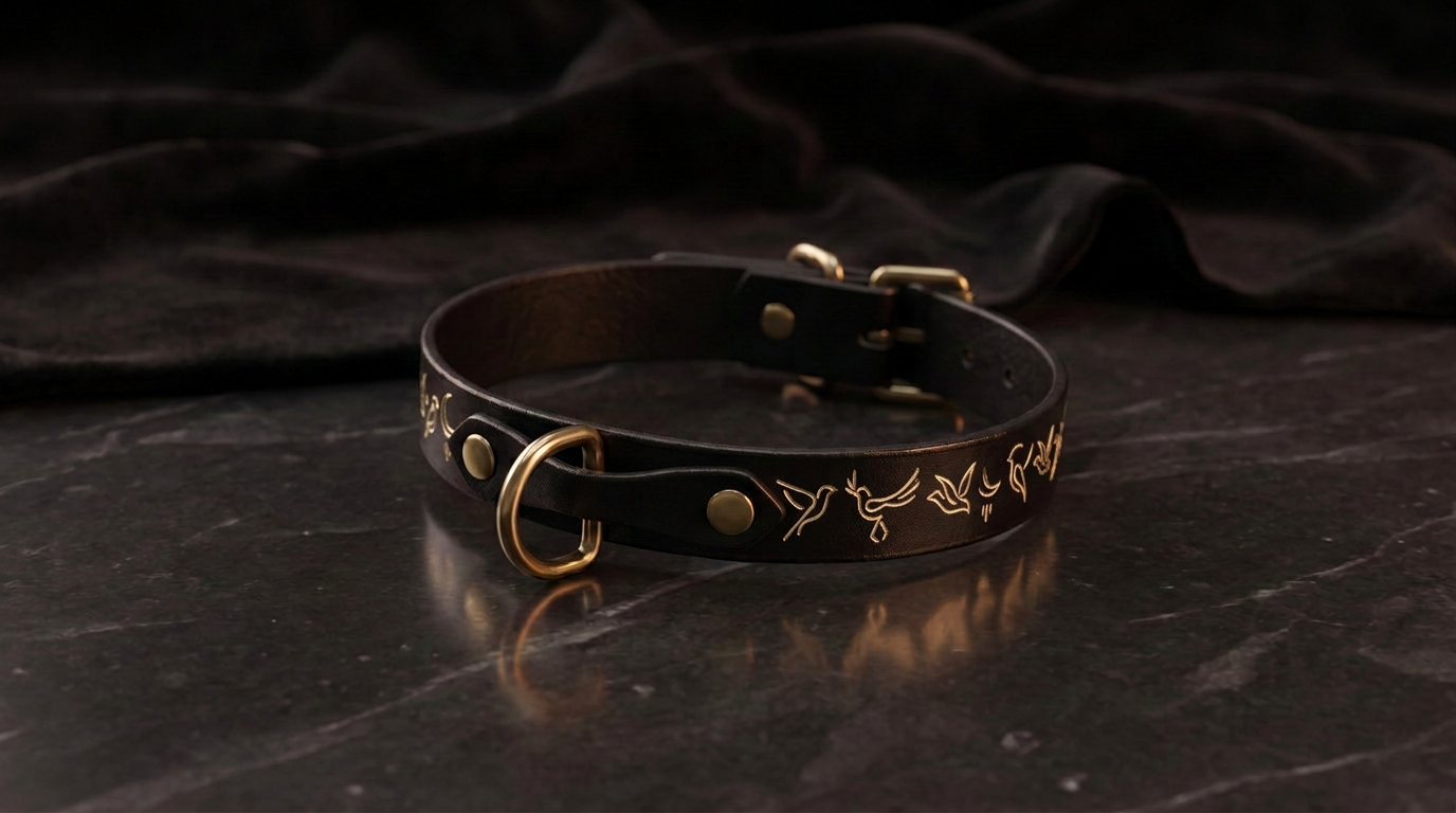 A black leather collar with gold engraved designs on a dark background.