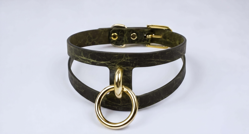 A dark green choker necklace with a gold-colored metal ring and buckle.