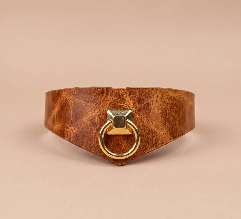 A brown leather choker necklace with a gold-colored metal ring on the front.