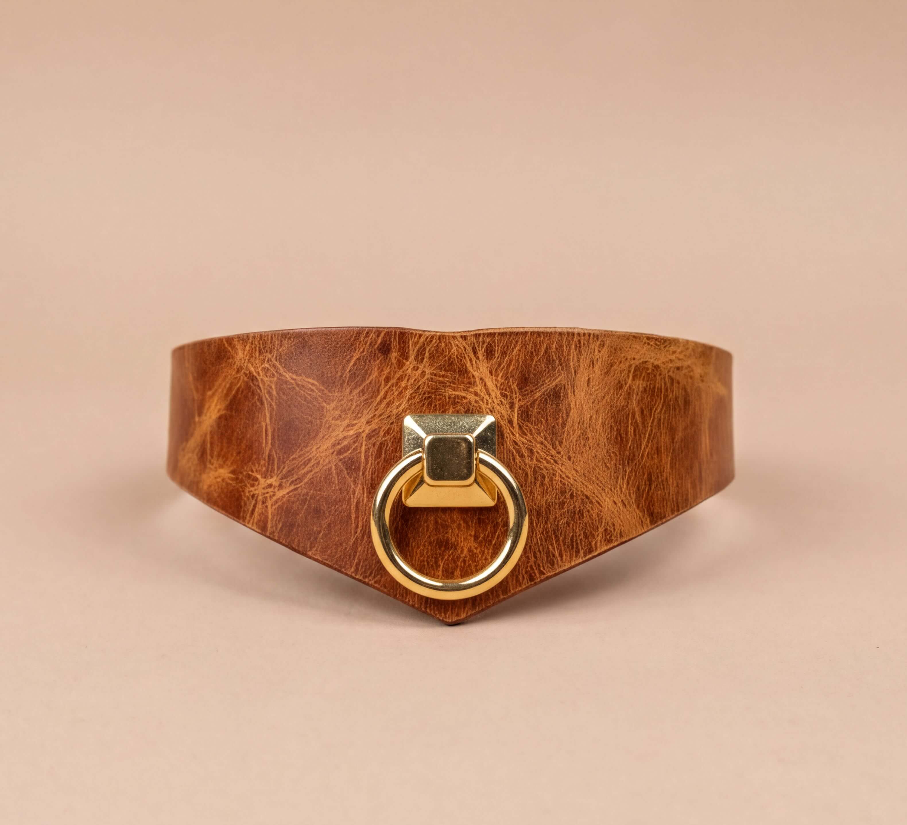 A brown leather choker necklace with a gold-colored metal ring on the front.