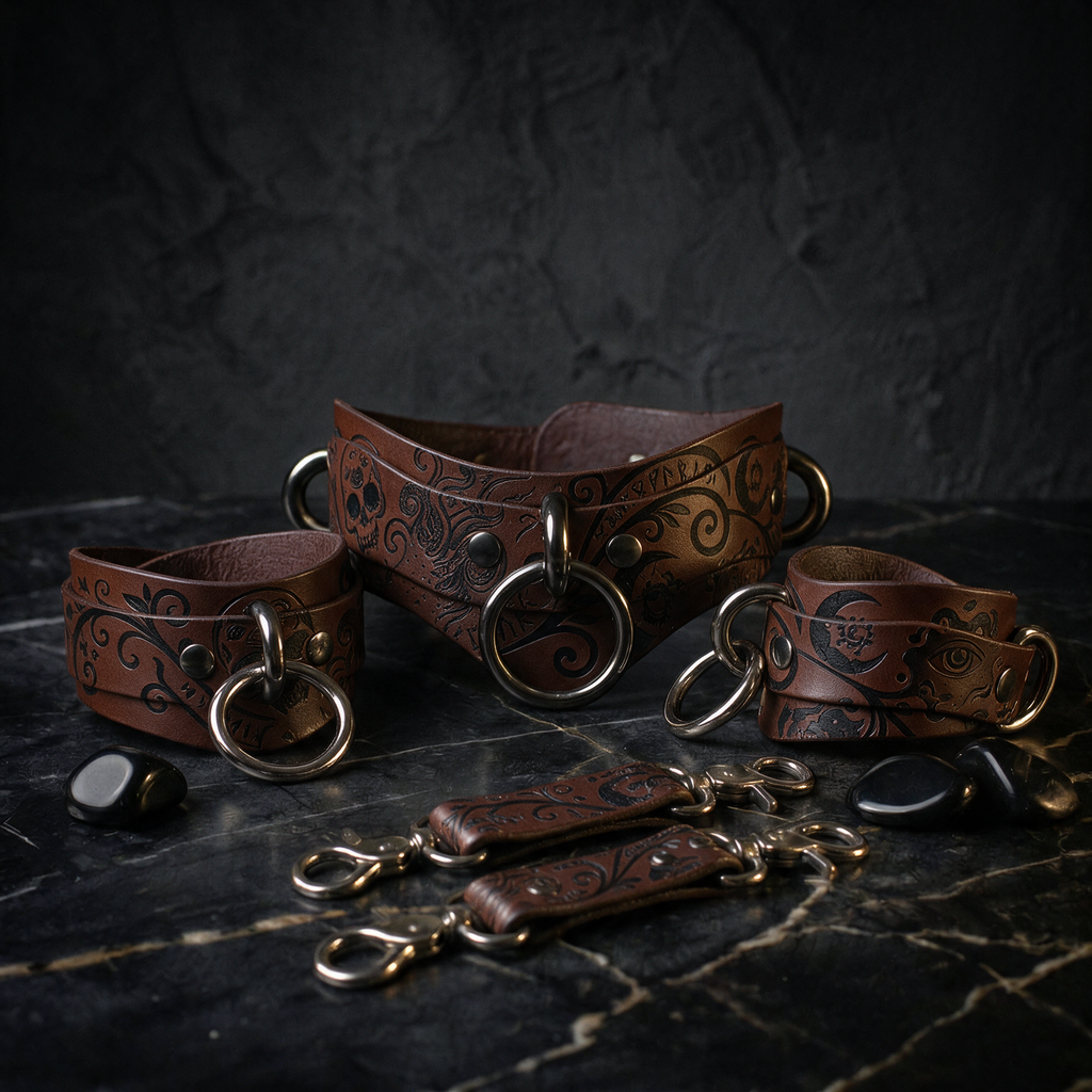 A collection of brown leather straps with metal rings and buckles, arranged on a dark surface.