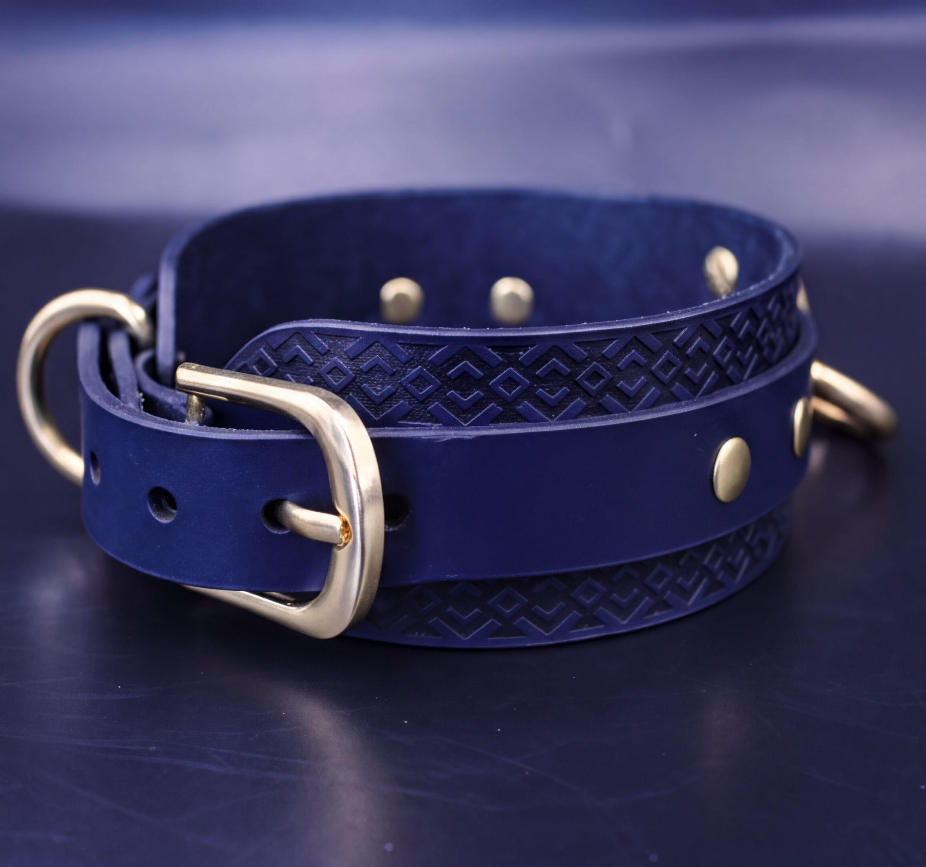 A close-up image of a blue leather collar with a gold buckle, displayed on a dark surface.