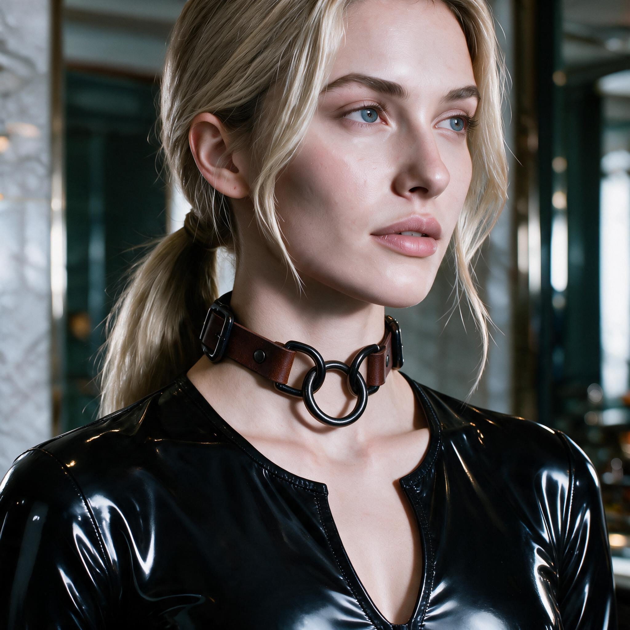 A woman with blonde hair wearing a black leather outfit and a choker necklace stands in a room with a mirror in the background.