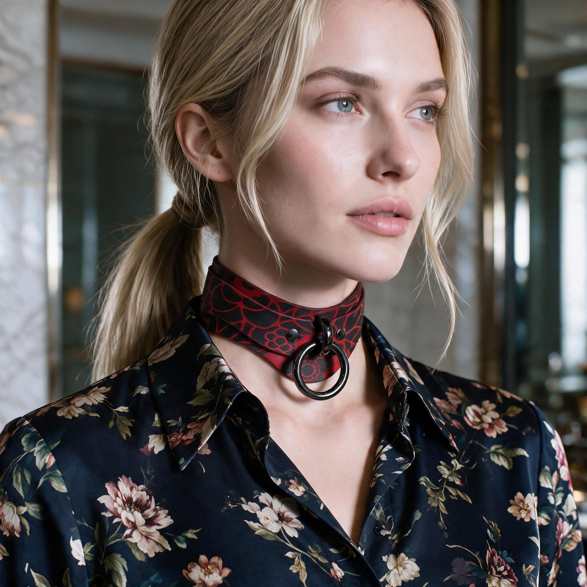 A woman with blonde hair wearing a floral print blouse and a choker necklace with a spider web pattern.