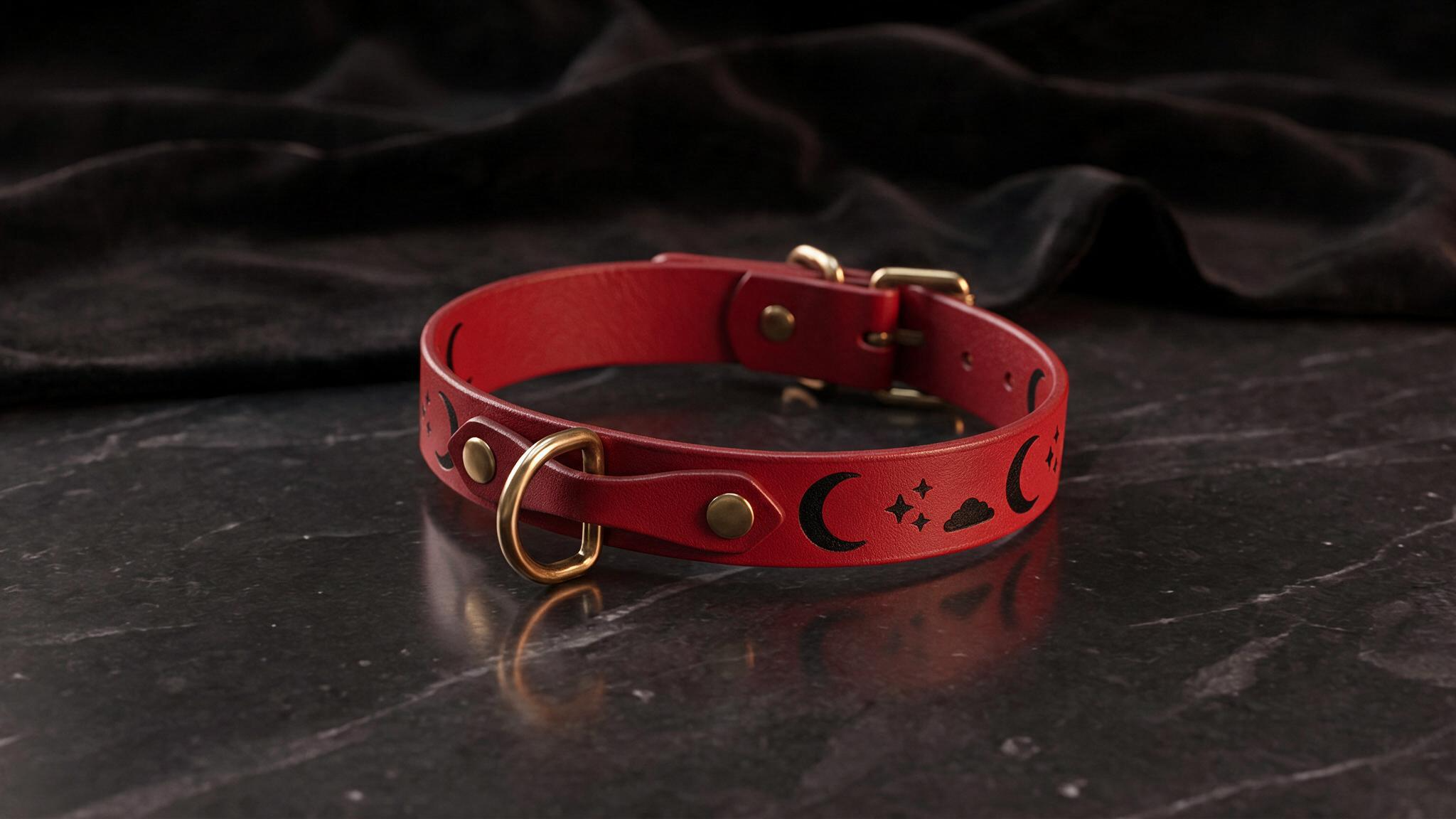 A red leather collar with a crescent moon and star design on it, resting on a dark surface.