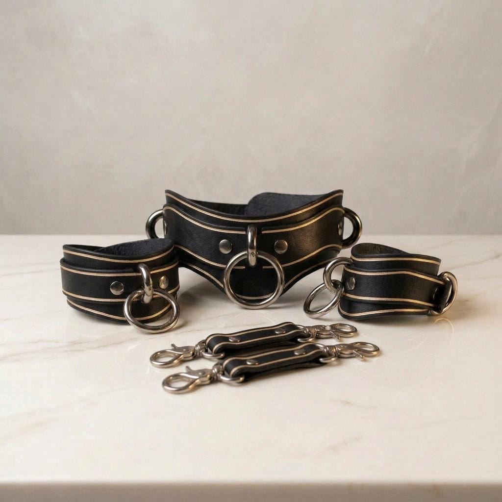 A set of black leather choker necklaces with metal rings and buckles, arranged on a white marble surface.