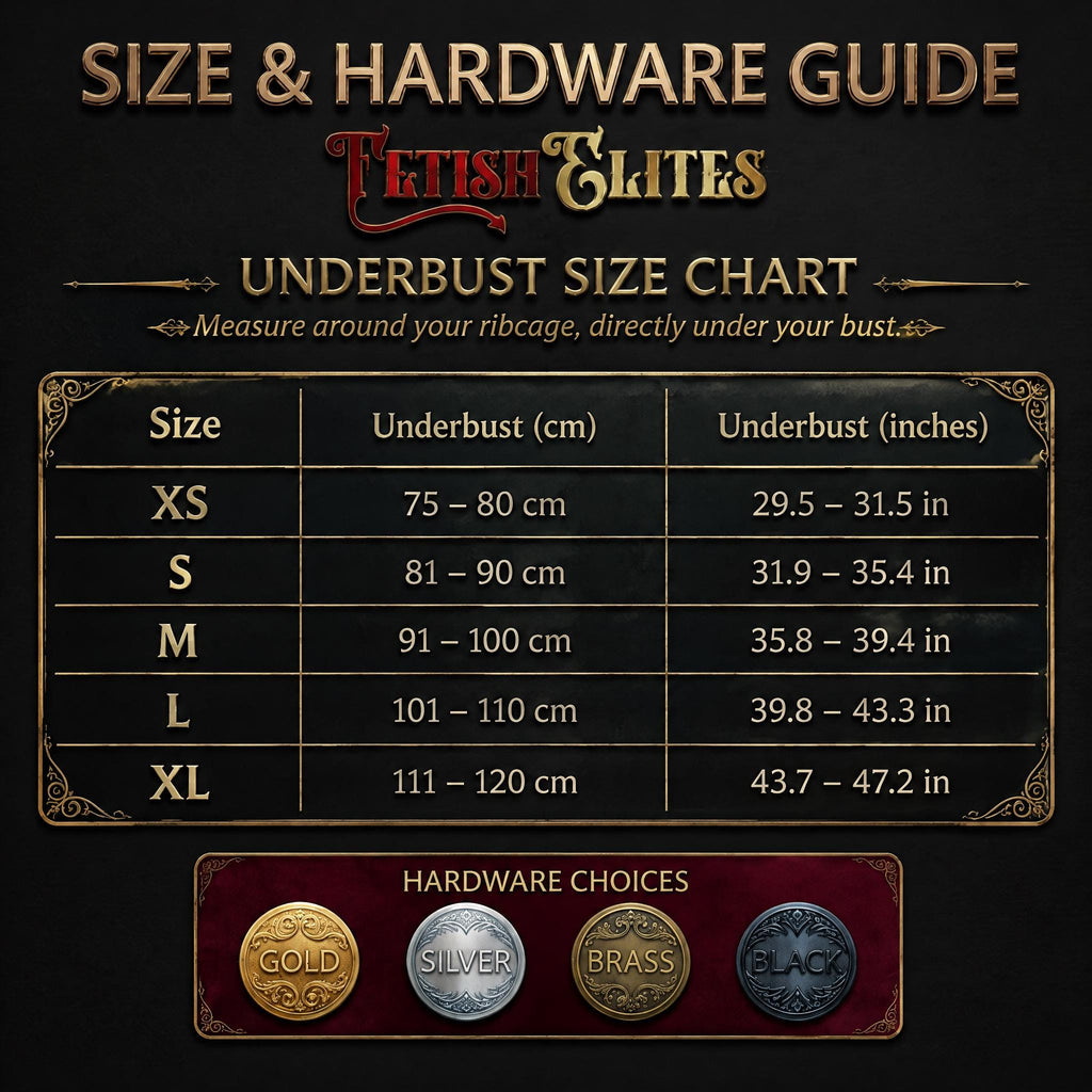The image is a size and hardware guide for the "Fetish Elites" under bust size chart. It provides measurements and corresponding hardware choices for different bust sizes, ranging from XS to XL. The guide also includes hardware choices labeled as gold, silver, and brass.