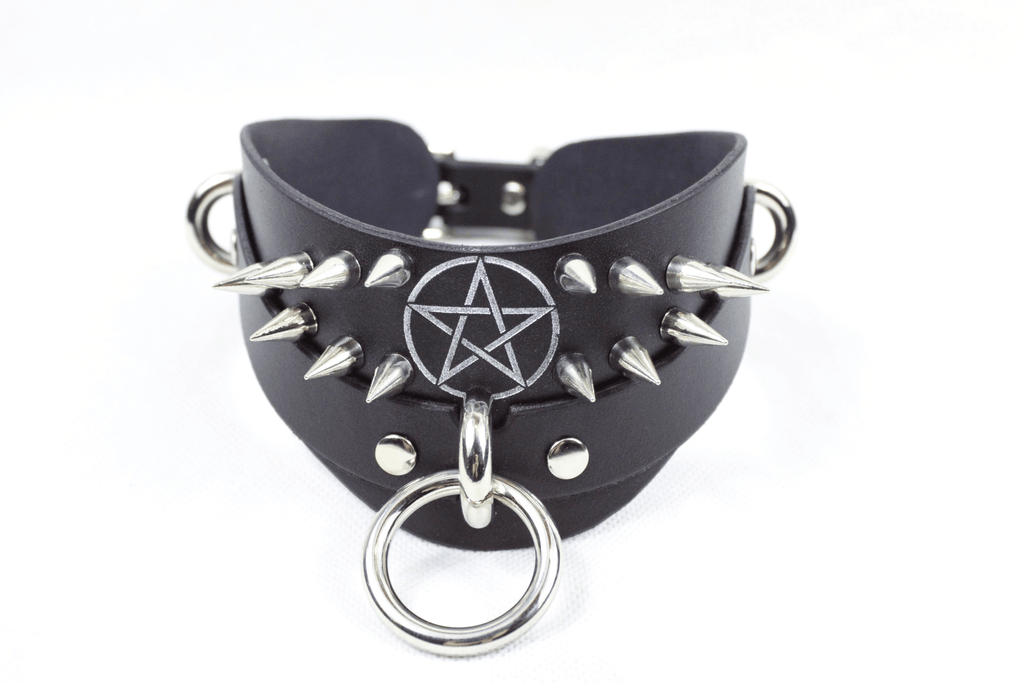 Pentagram BDSM Collar featuring sharp silver spikes and a pentagram emblem on premium black leather.
