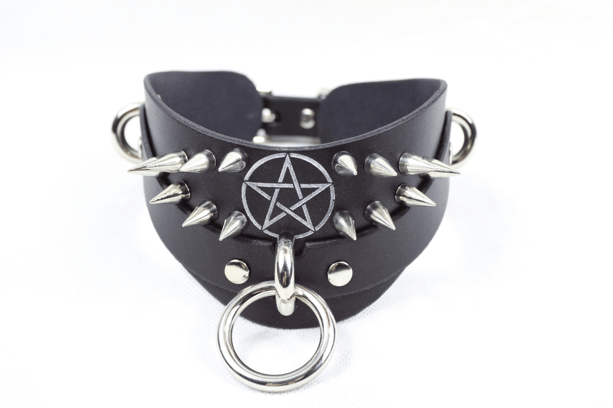 Pentagram BDSM Collar featuring sharp silver spikes and a pentagram emblem on premium black leather.
