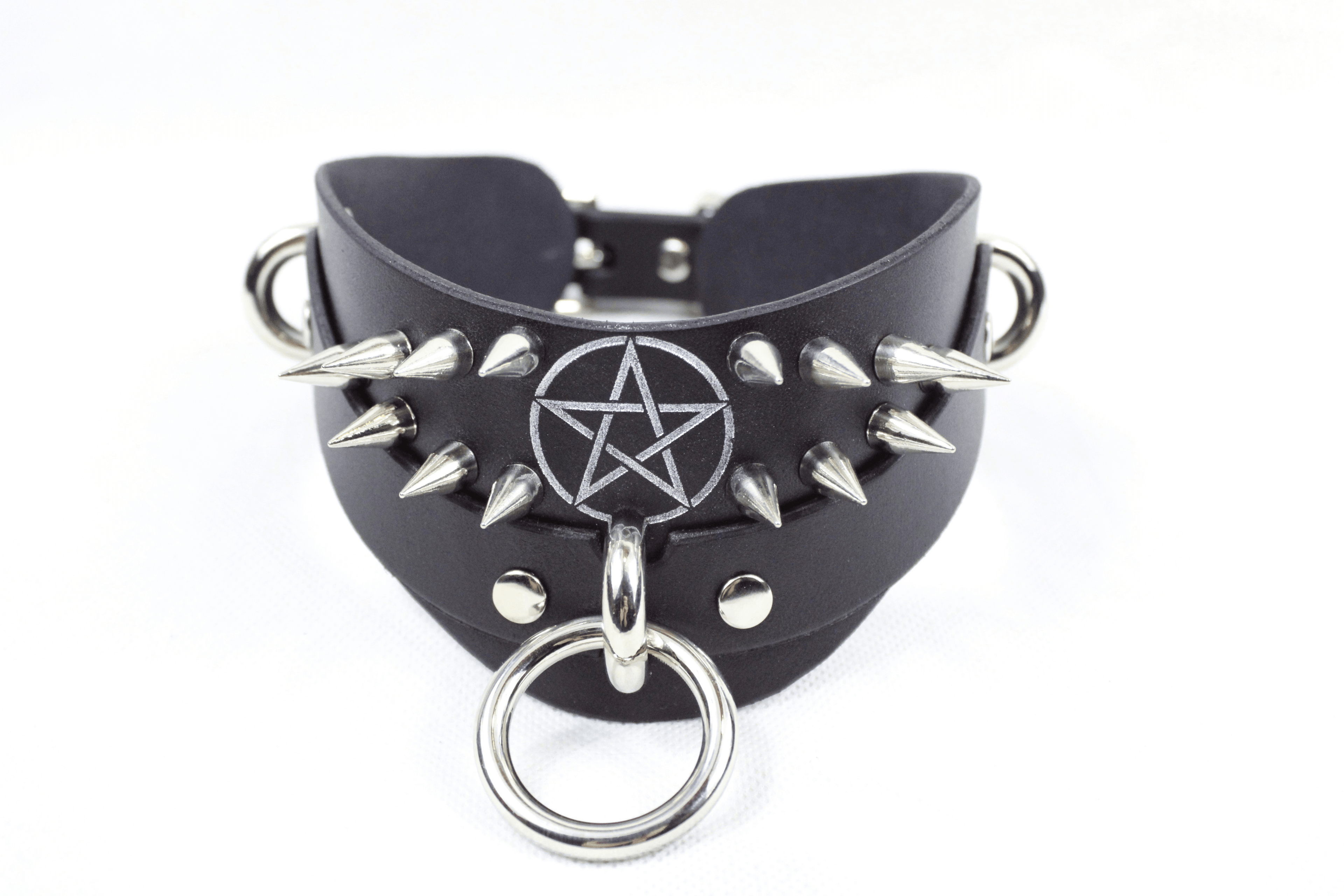 Pentagram BDSM Collar featuring sharp silver spikes and a pentagram emblem on premium black leather.