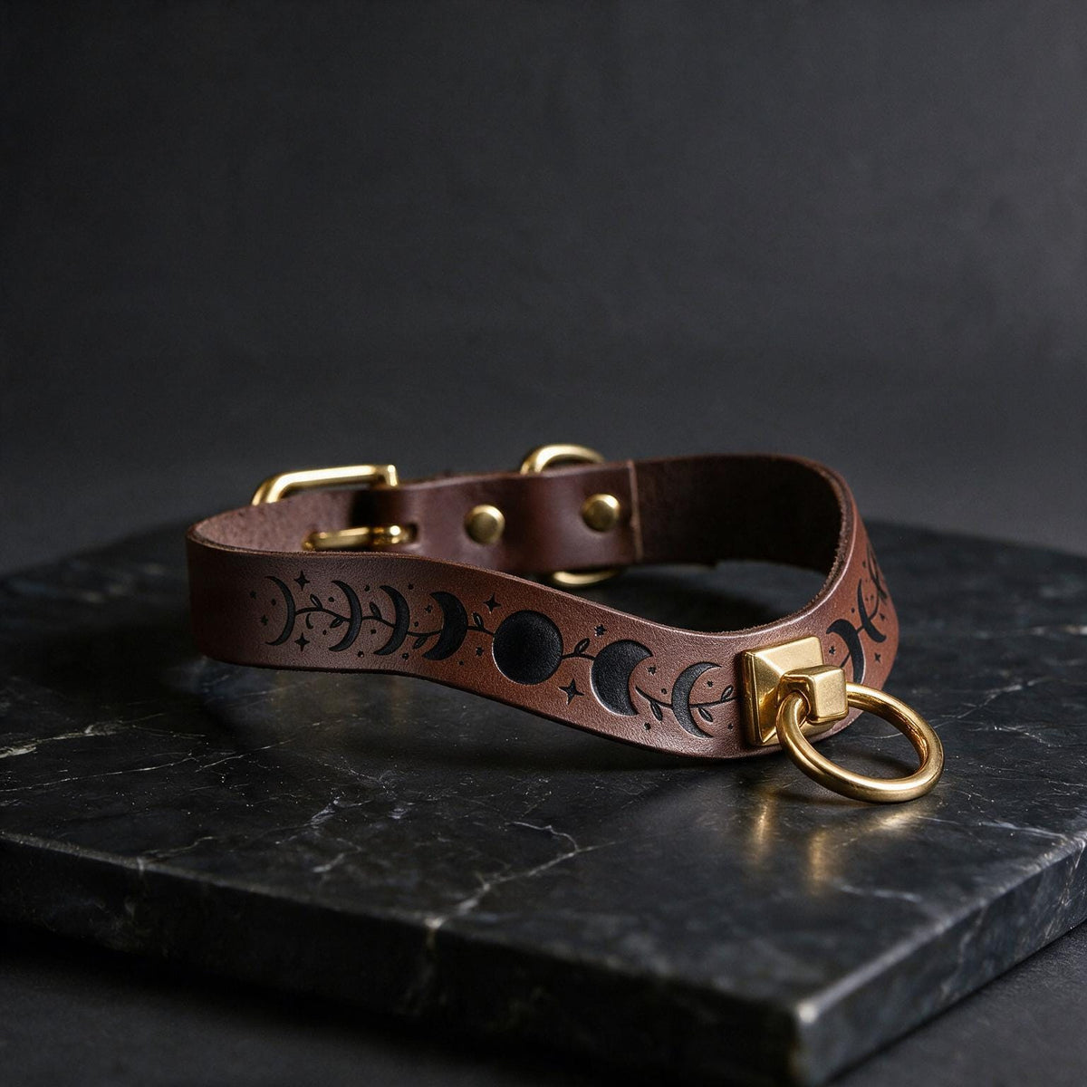 A brown leather collar with a metal ring and a decorative pattern on it, resting on a dark surface.
