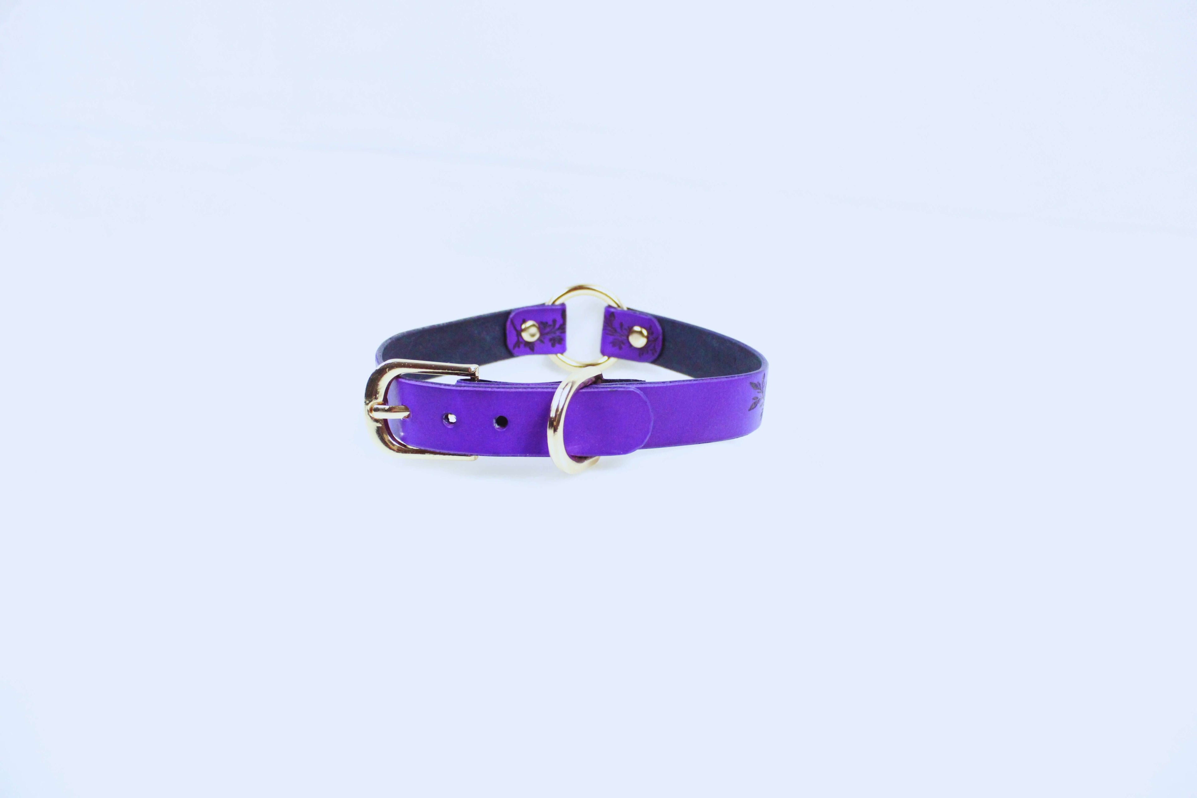Leaf Pattern Submissive Day Collar in purple leather with gold buckle, a stylish piece of submissive jewelry.