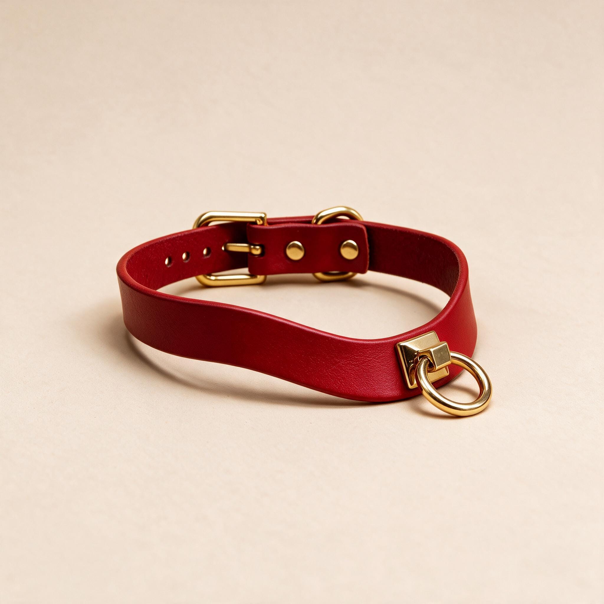 A red leather choker necklace with a gold-colored metal ring and buckle.