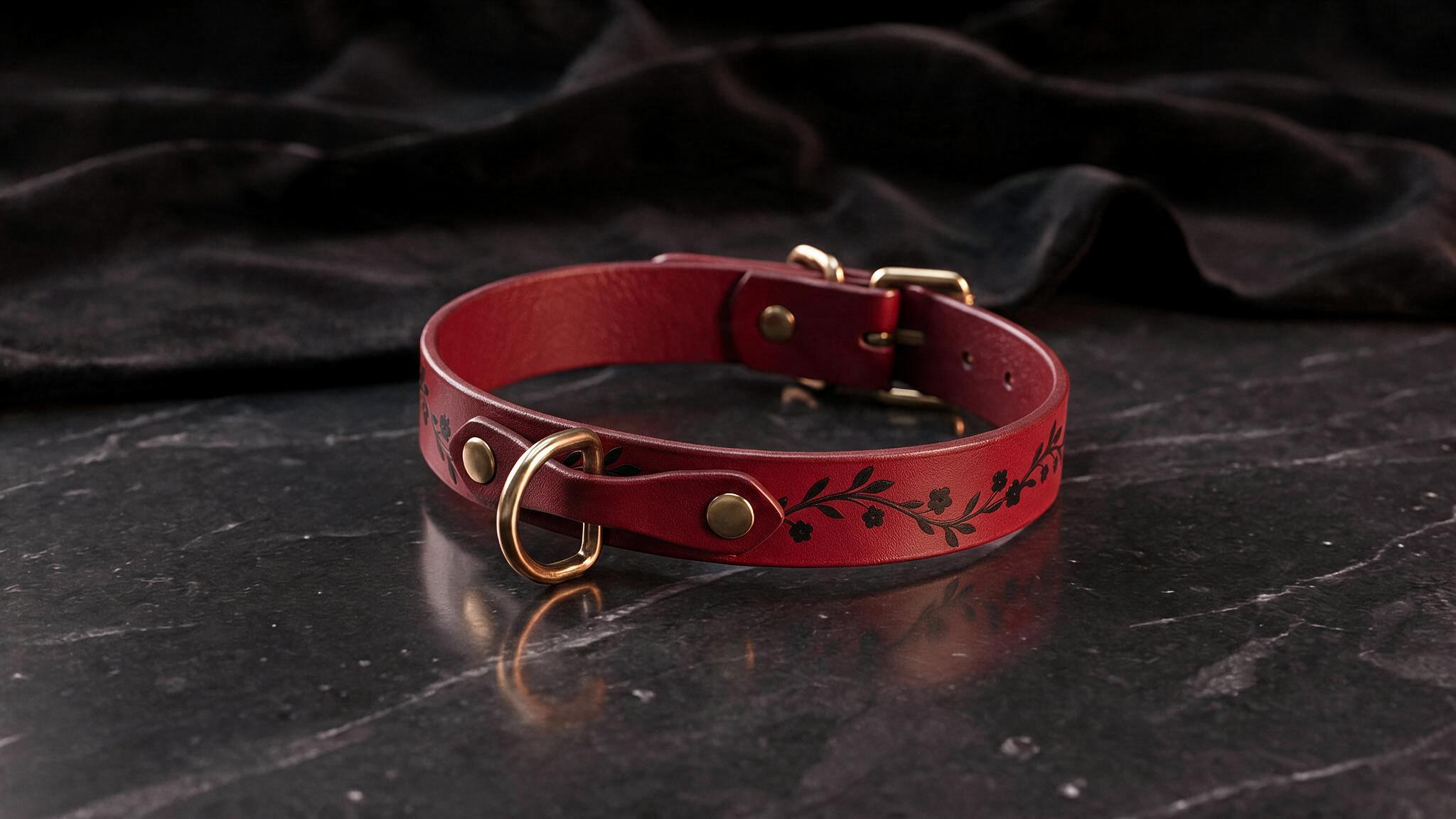 A red leather collar with a floral design on it, placed on a dark surface.