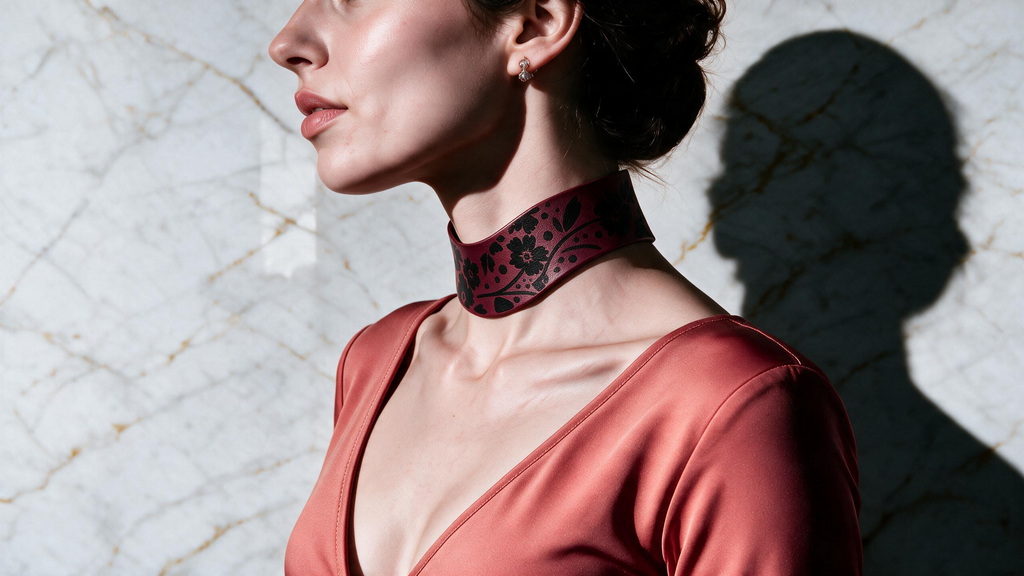 A woman wearing a red dress with a choker necklace stands against a marble wall, her shadow cast on the wall behind her.