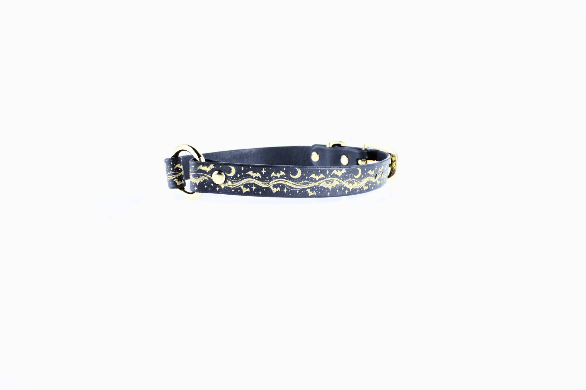 Bats BDSM Collar – Celestial Leather Choker with golden celestial design, perfect for dark romantic aesthetics.