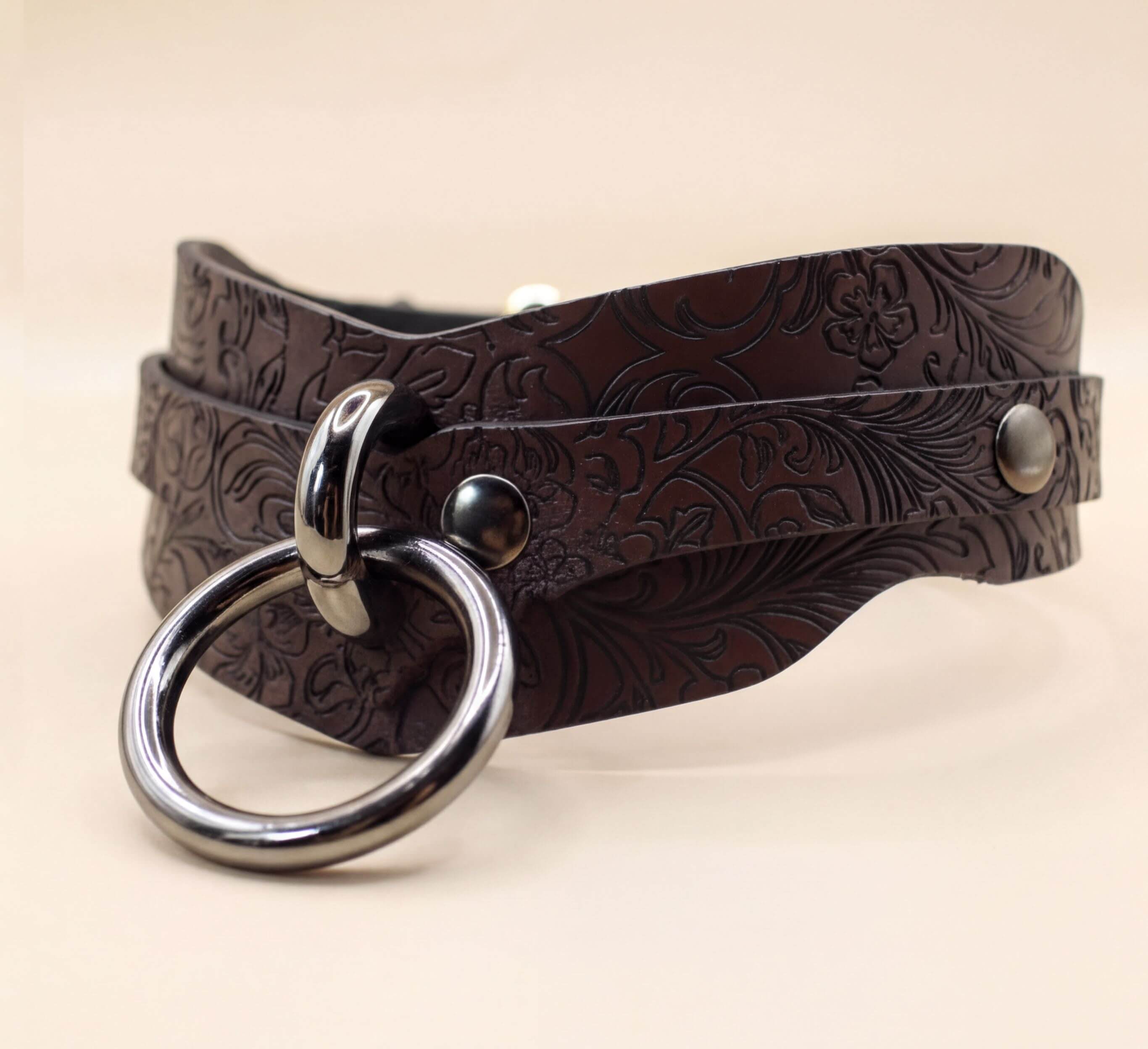 A brown leather choker necklace with a metal ring and two metal buttons.
