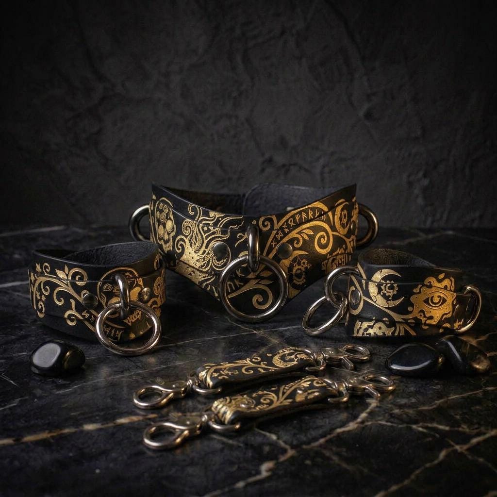 a collection of ornate leather straps with intricate designs, including a central band with a crescent moon and a skull motif, surrounded by smaller straps with similar patterns.