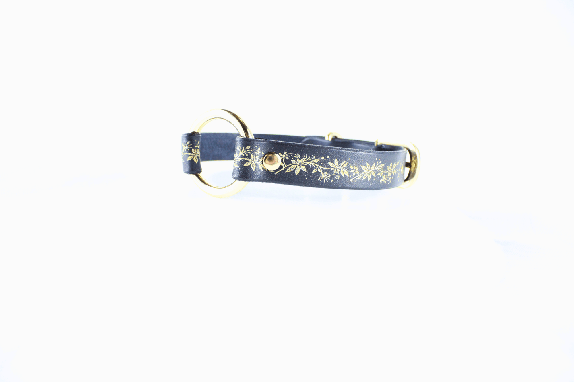 Black Leather Fetish Collar with golden floral pattern and O-ring, perfect for bondage or as jewelry.