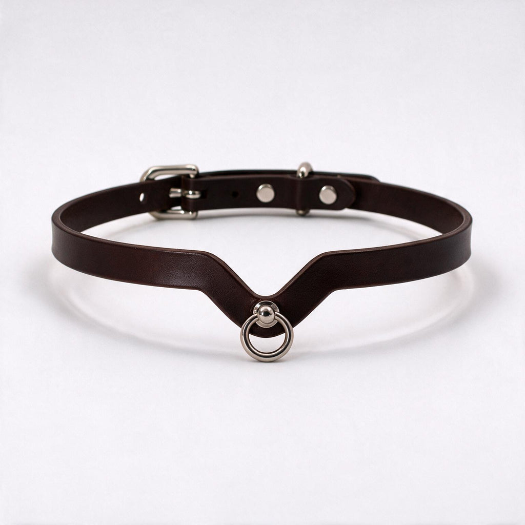 A brown leather choker necklace with a metal ring and buckle.