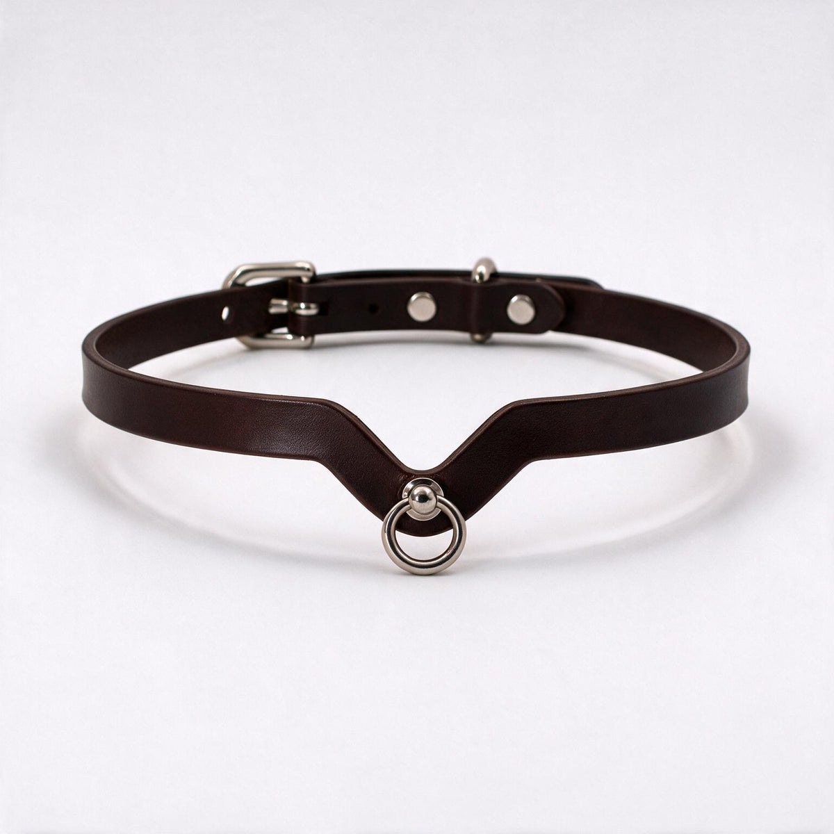A brown leather choker necklace with a metal ring and buckle.