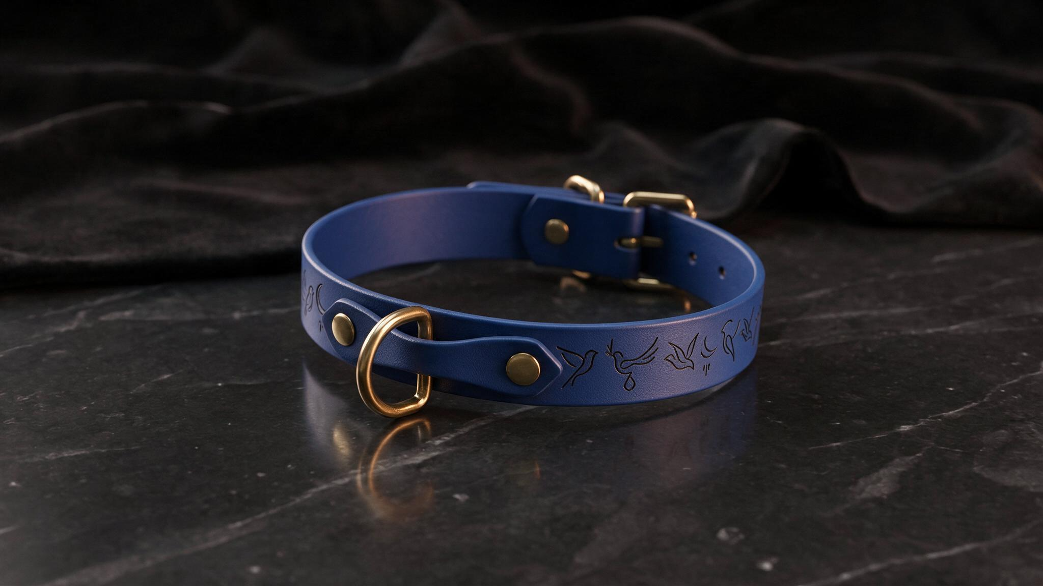 A blue leather collar with a gold buckle and a black and white design on the surface.