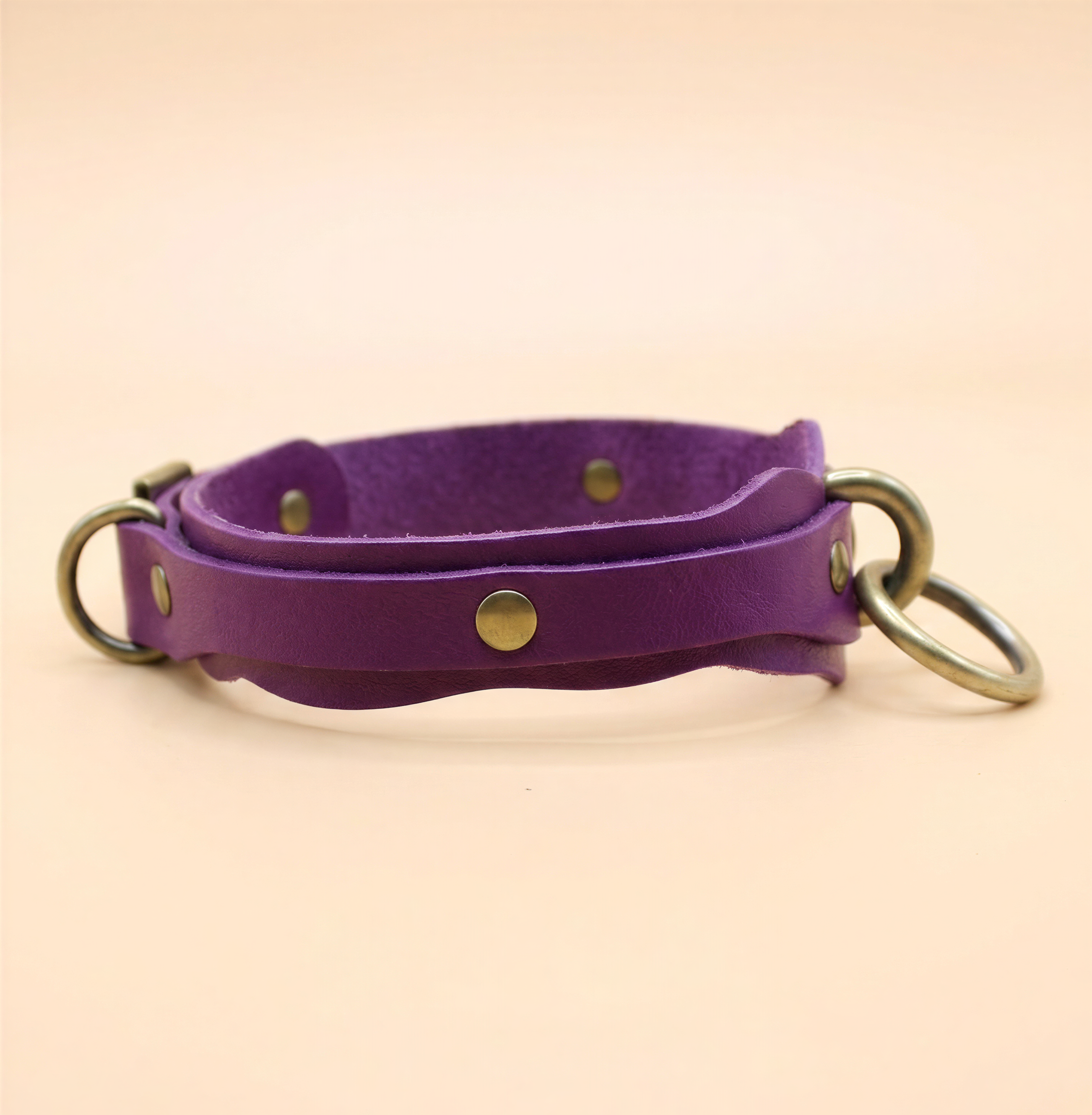 A purple leather collar with metal rings and buckles.
