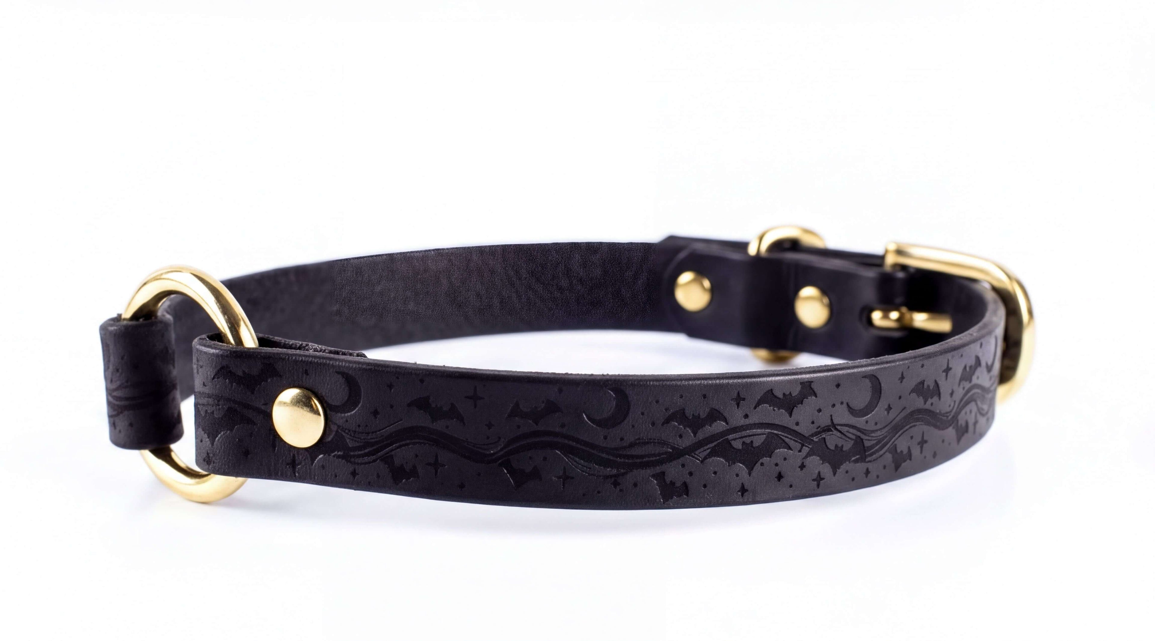 A black leather dog collar with a gold-colored buckle and a bat-themed design.