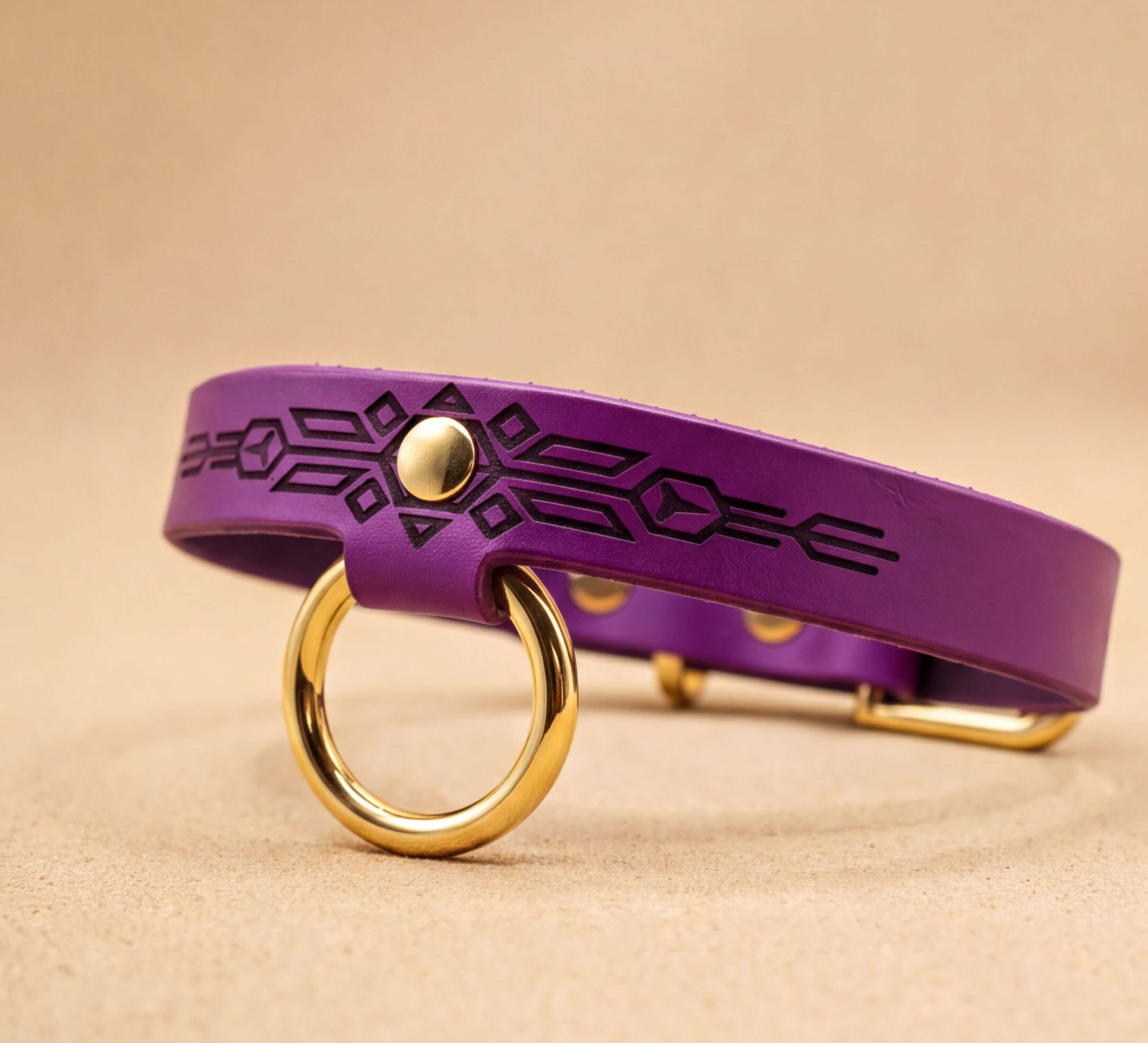 A purple leather dog collar with a gold-colored metal ring and a geometric design on the collar.