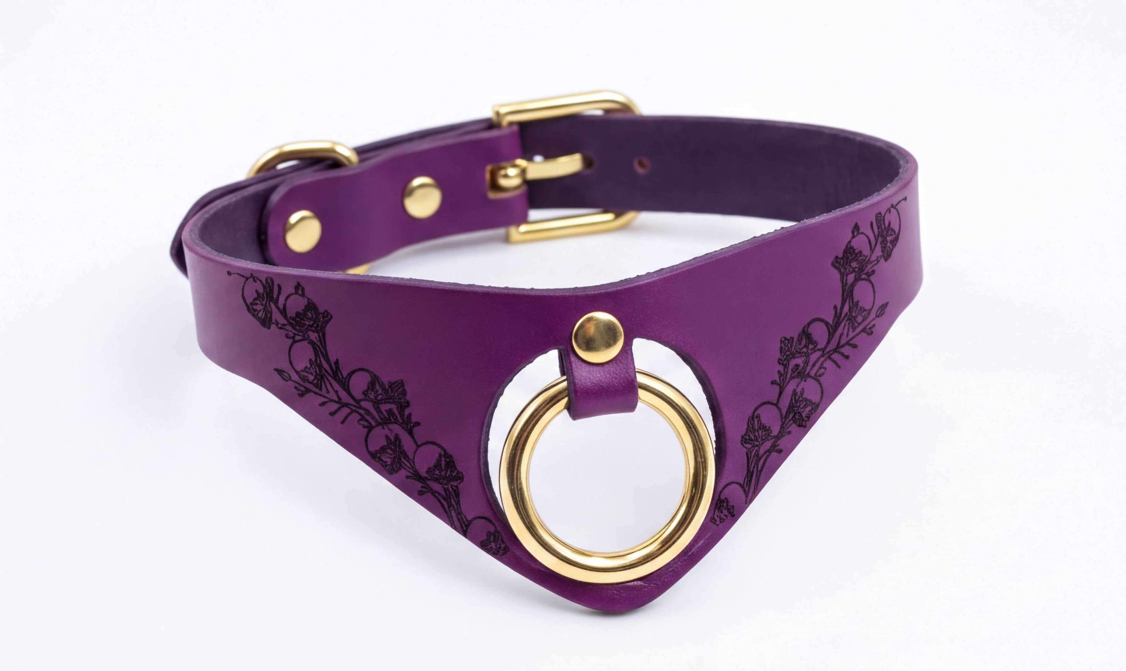 A purple leather choker necklace with a gold-colored metal ring and buckle.