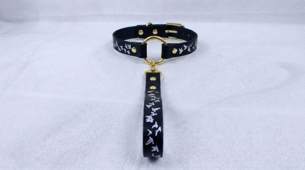 A black leather collar with a gold-colored buckle and a black strap with white bird designs.