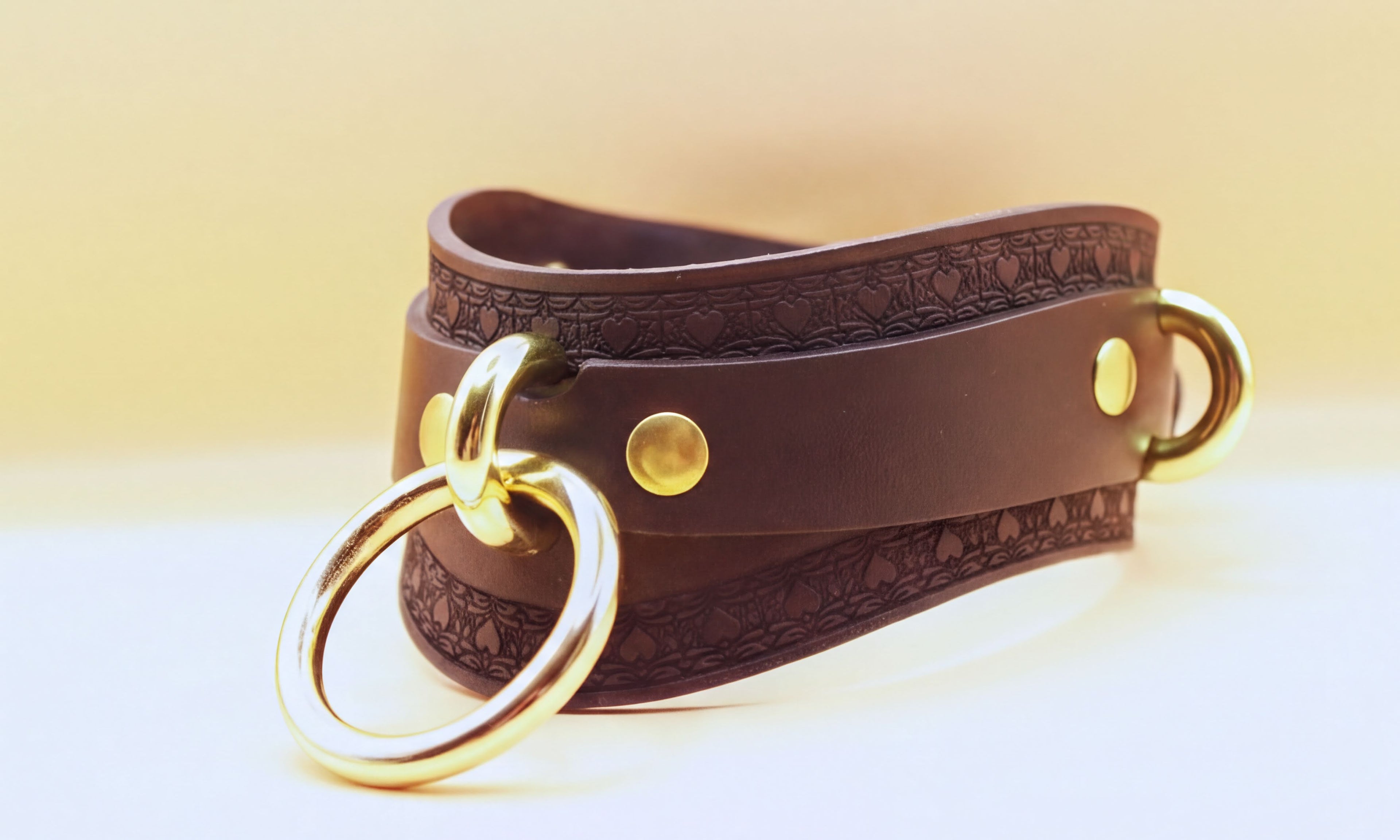 A brown leather choker necklace with a gold-colored metal ring and two gold-colored metal rings on either side.