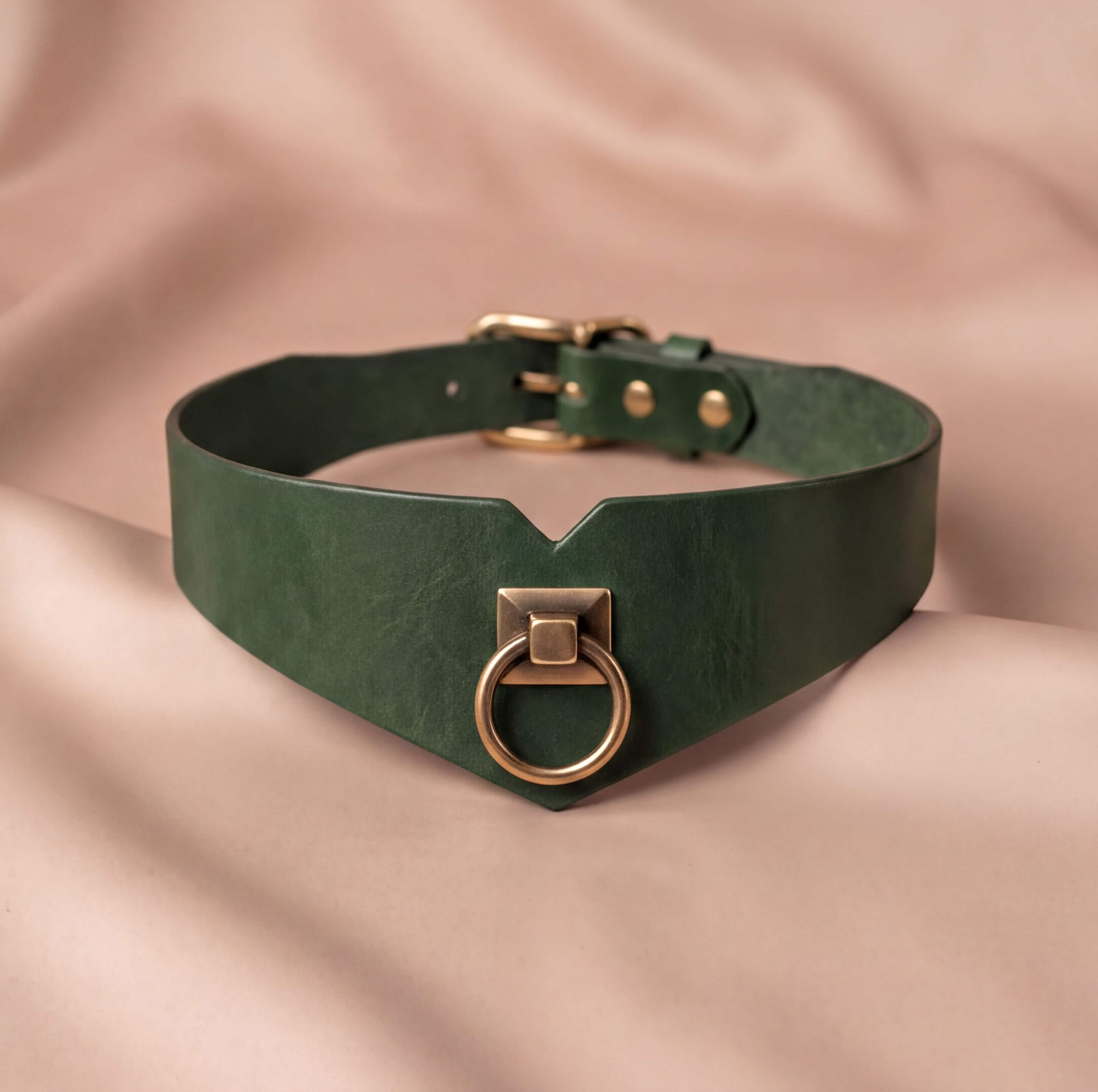 A green leather choker collar with a gold-colored metal ring and buckle.