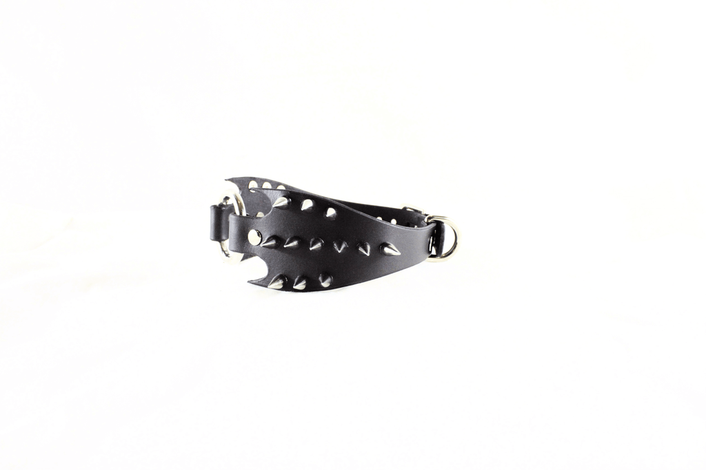 Predator Leather Submissive Collar – Spiked BDSM Posture Collar featuring a unique fang-wing design.