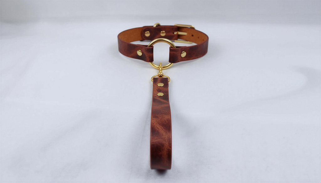 A brown leather collar with a gold-colored buckle and a handle attached to it, resting on a white surface.