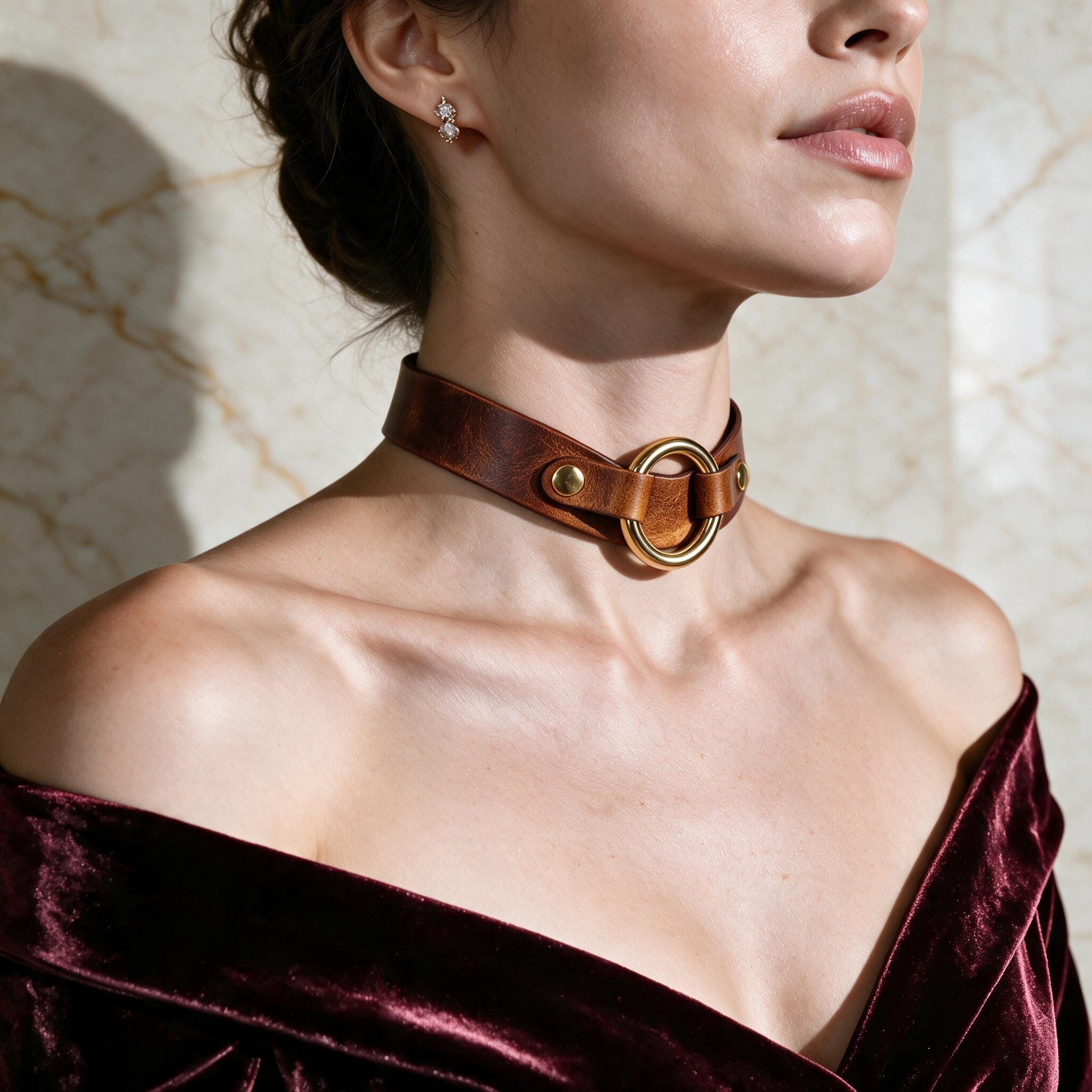 A woman wearing a brown leather choker necklace with a gold ring, posing against a marble background.