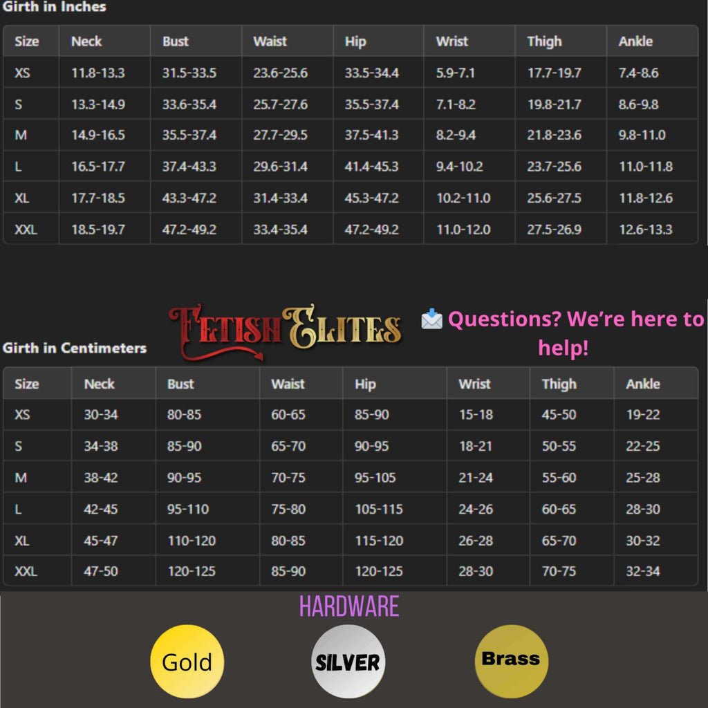 The image is a detailed size chart for a clothing item, including measurements for the neck, bust, waist, hip, wrist, thigh, and ankle. The chart provides specific measurements for different sizes, such as XS, S, M, L, XL, and XXL. The chart also includes a section titled "Girth in Inches" and a section titled "Hardware" with gold, silver, and brass colors. The chart is designed to help customers find the right size and fit for the clothing item.