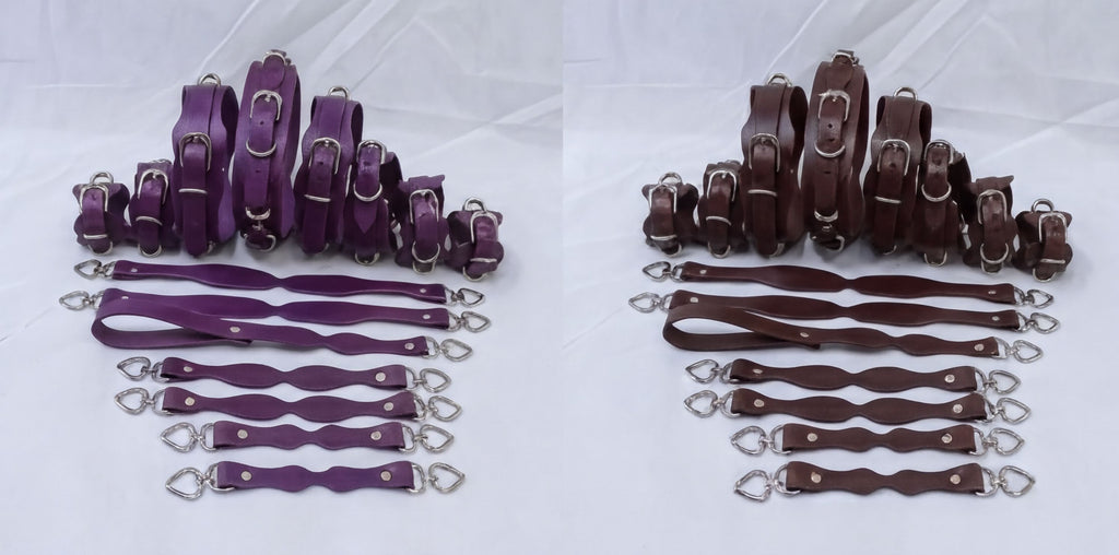 a collection of leather straps and buckles in two different colors: purple and brown. The purple straps are arranged in rows, while the brown straps are arranged in a zigzag pattern.