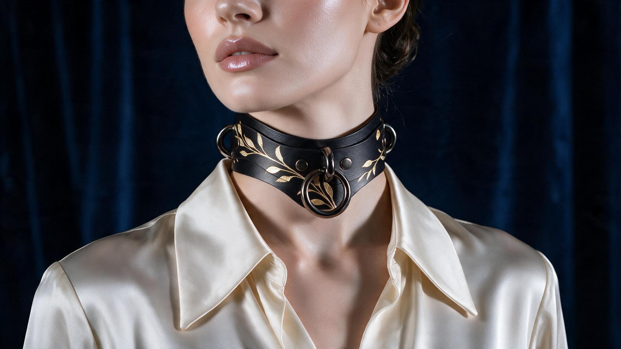 A close-up of a woman wearing a black choker necklace with gold leaf designs, against a dark blue background.