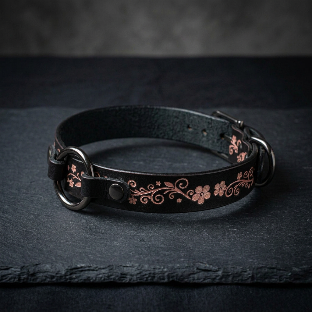 A black leather collar with a floral design on it, resting on a dark surface.