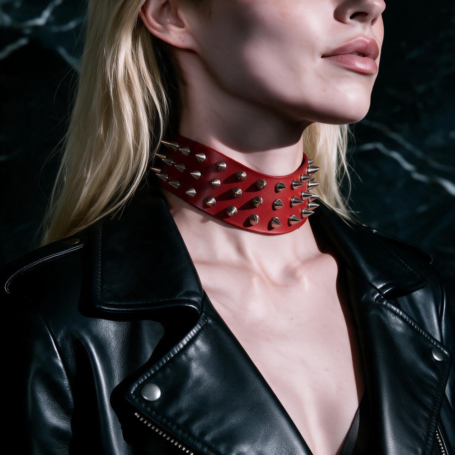 A close-up of a person wearing a black leather jacket with a red spiked choker necklace.