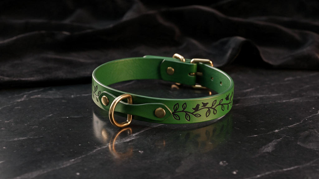 A green leather collar with a leaf design sits on a black marble surface.