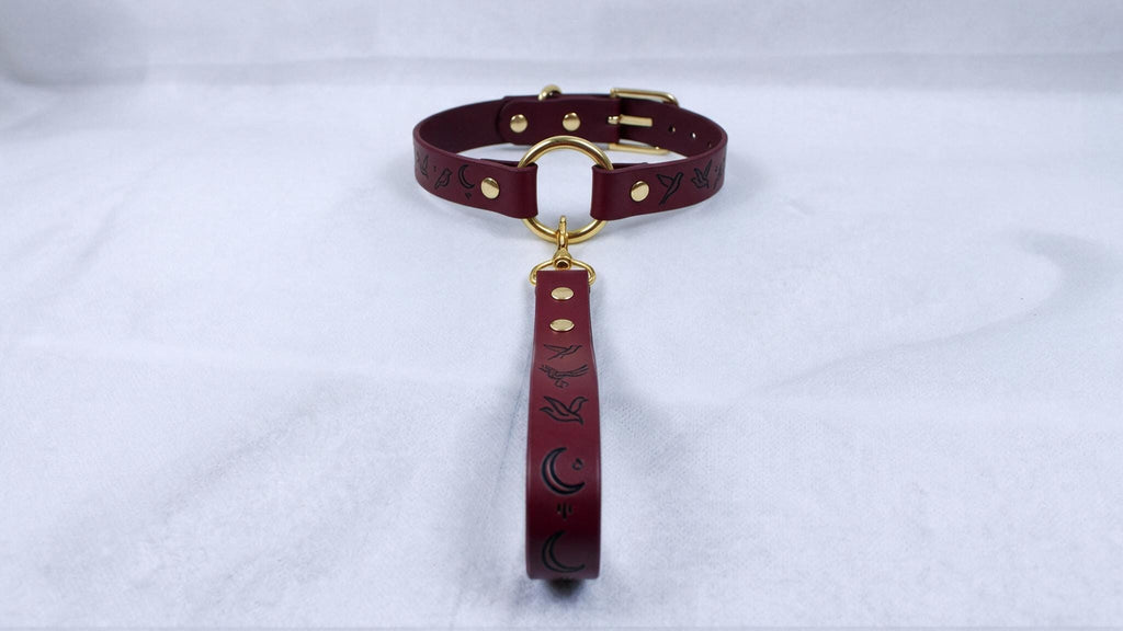 A burgundy leather collar with a gold-colored buckle and a dangling handle is displayed against a white background.