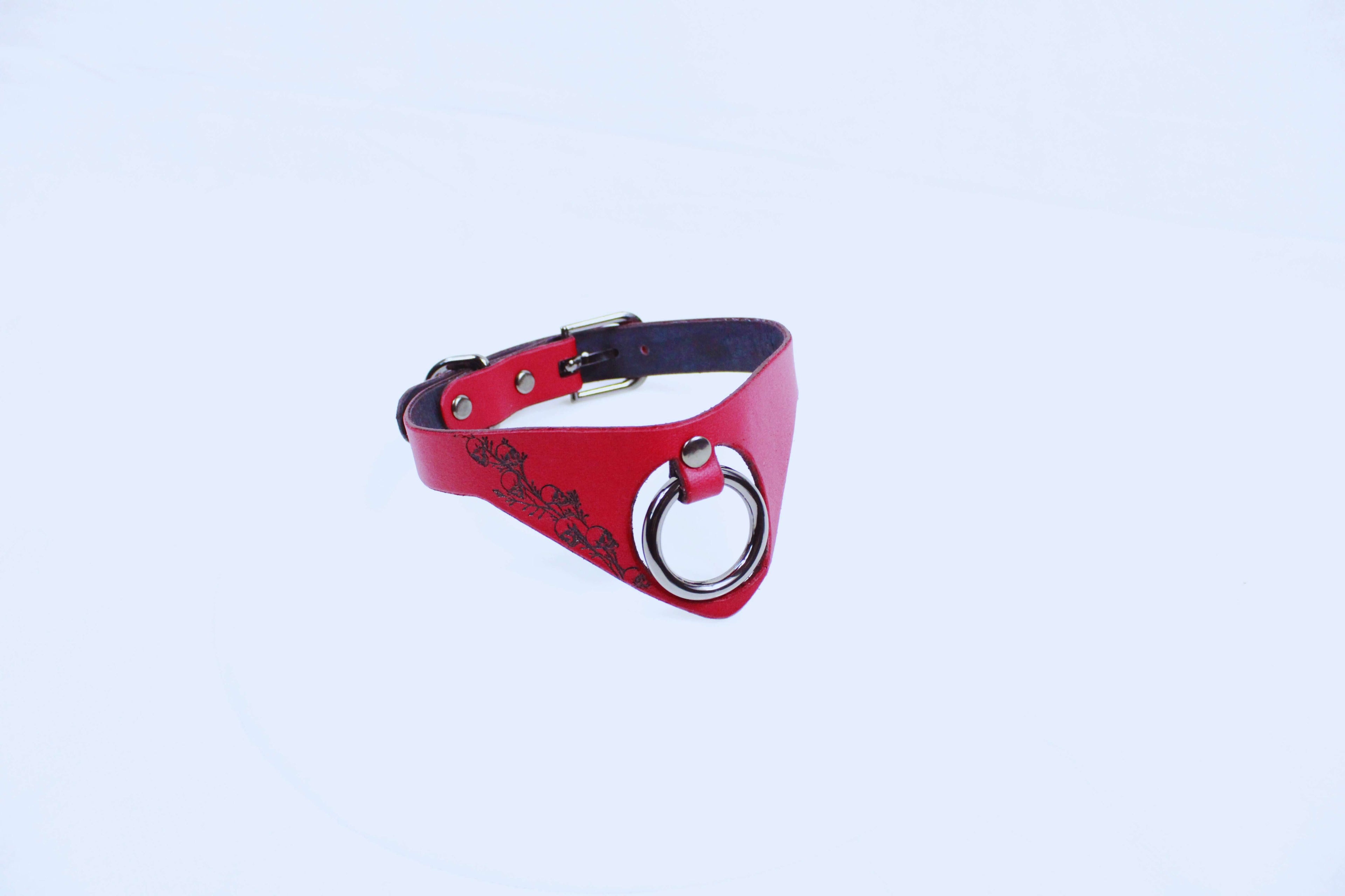Gothic BDSM Collar with O-Ring in red leather, featuring a bold design for submissive style and elegance.