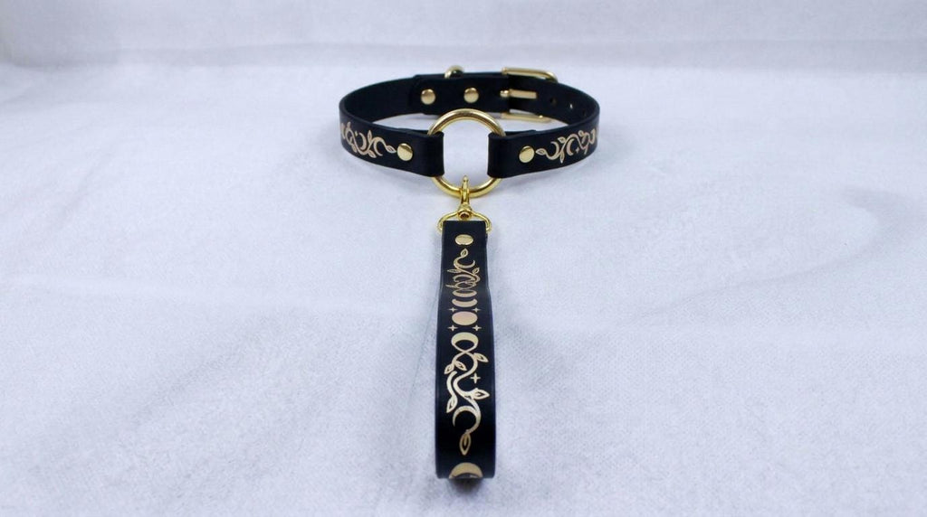 A black leather collar with a gold-colored metal clasp and a decorative metal handle attached to it, resting on a white surface.
