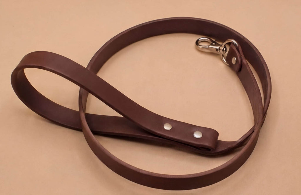 A brown leather dog leash with a metal clasp and buckle is shown on a beige background.
