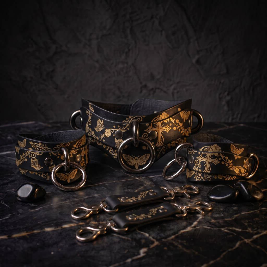 a collection of ornate leather straps and buckles, each adorned with intricate gold designs, displayed on a dark surface.