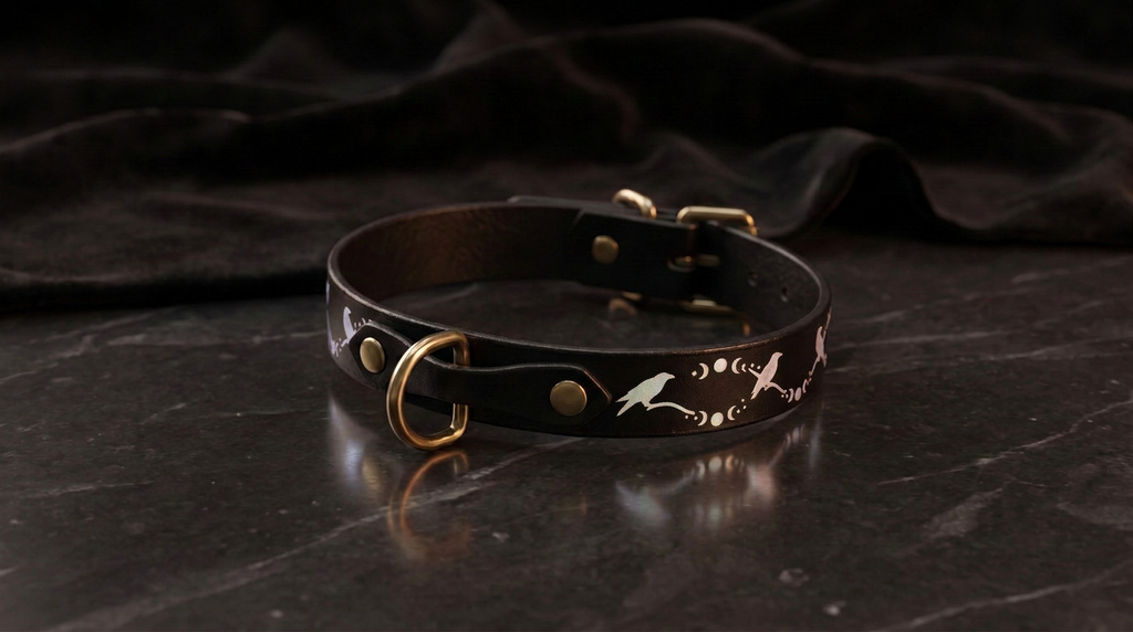 A black leather collar with a gold-colored buckle and a design featuring a bird and moon motif.