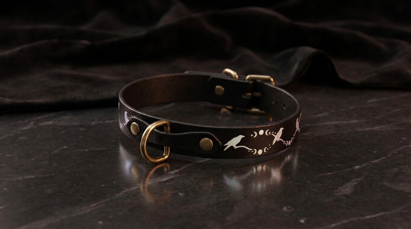 A black leather collar with a gold-colored buckle and a design featuring a bird and moon motif.